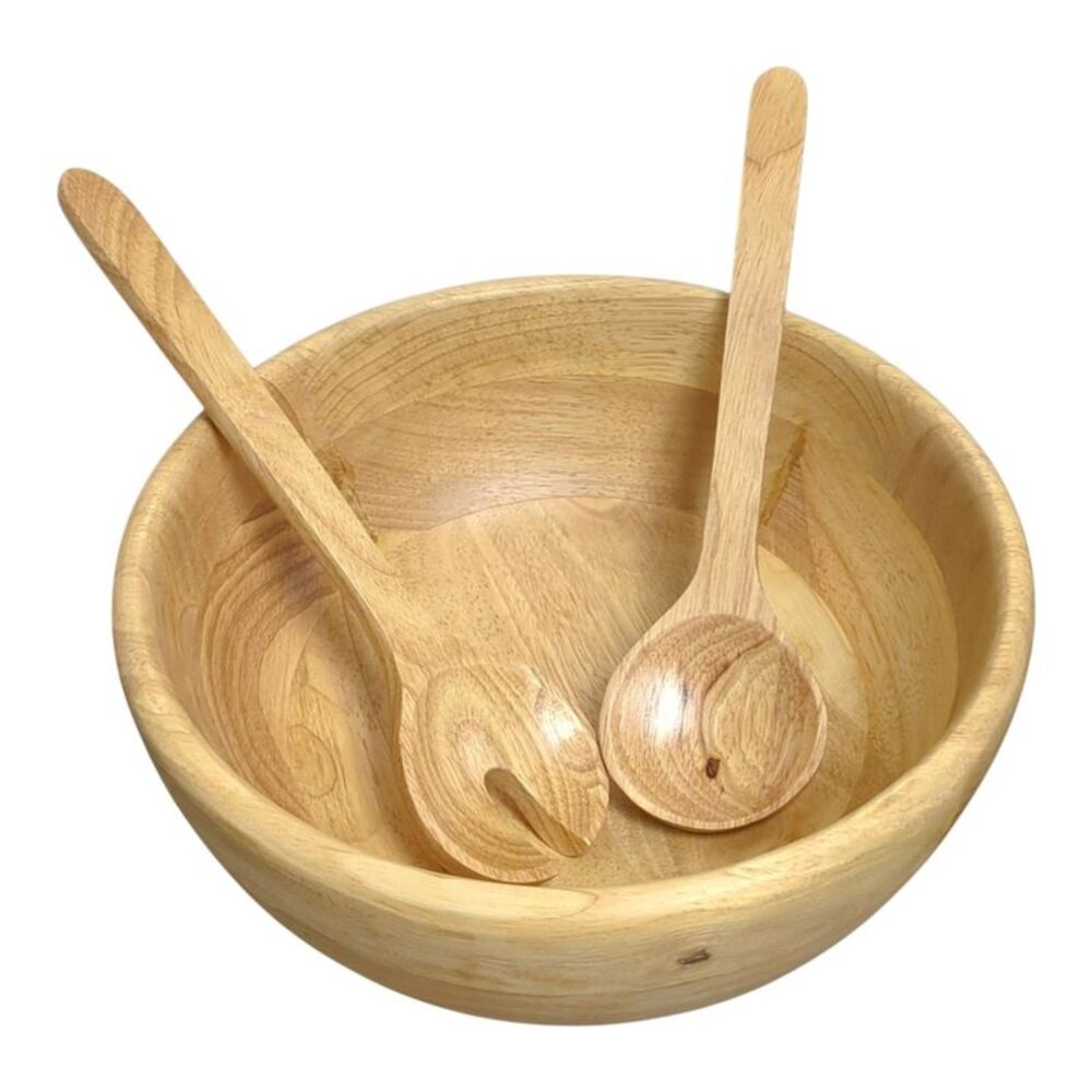 Member's Mark Durable Rubber Wood Salad Bowl with Servers, 3pc, Brown